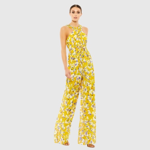 IEENA FOR MAC DUGGAL
Yellow Crossed Halter Tie Waist Jumpsuit (D7) - Picture 3 of 14